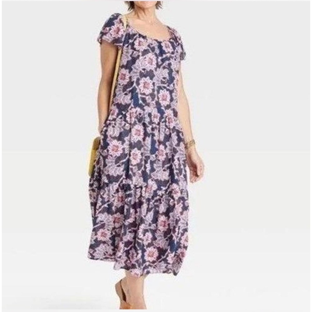 Knox Rose Navy Blue Floral Tiered Midi Dress XXL Short Sleeve Boho Scoop Neck